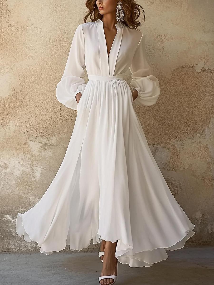 Vintage schlichtes weißes Maxikleid mit V-Ausschnitt für Damen