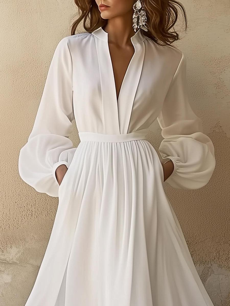 Vintage schlichtes weißes Maxikleid mit V-Ausschnitt für Damen