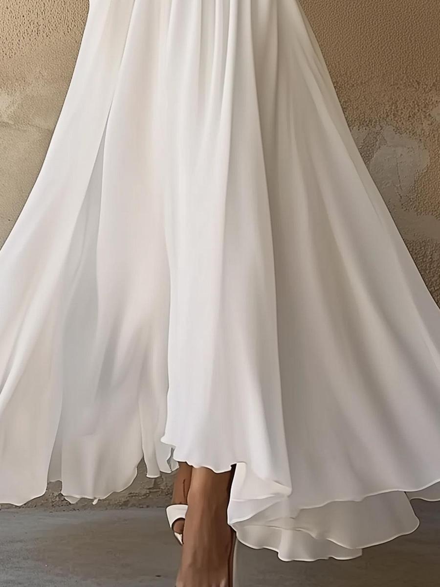 Vintage schlichtes weißes Maxikleid mit V-Ausschnitt für Damen